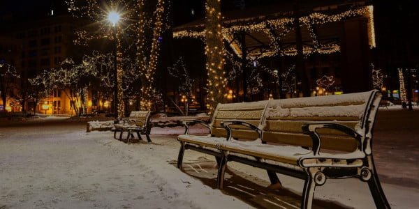 Winter season, bench in the snow